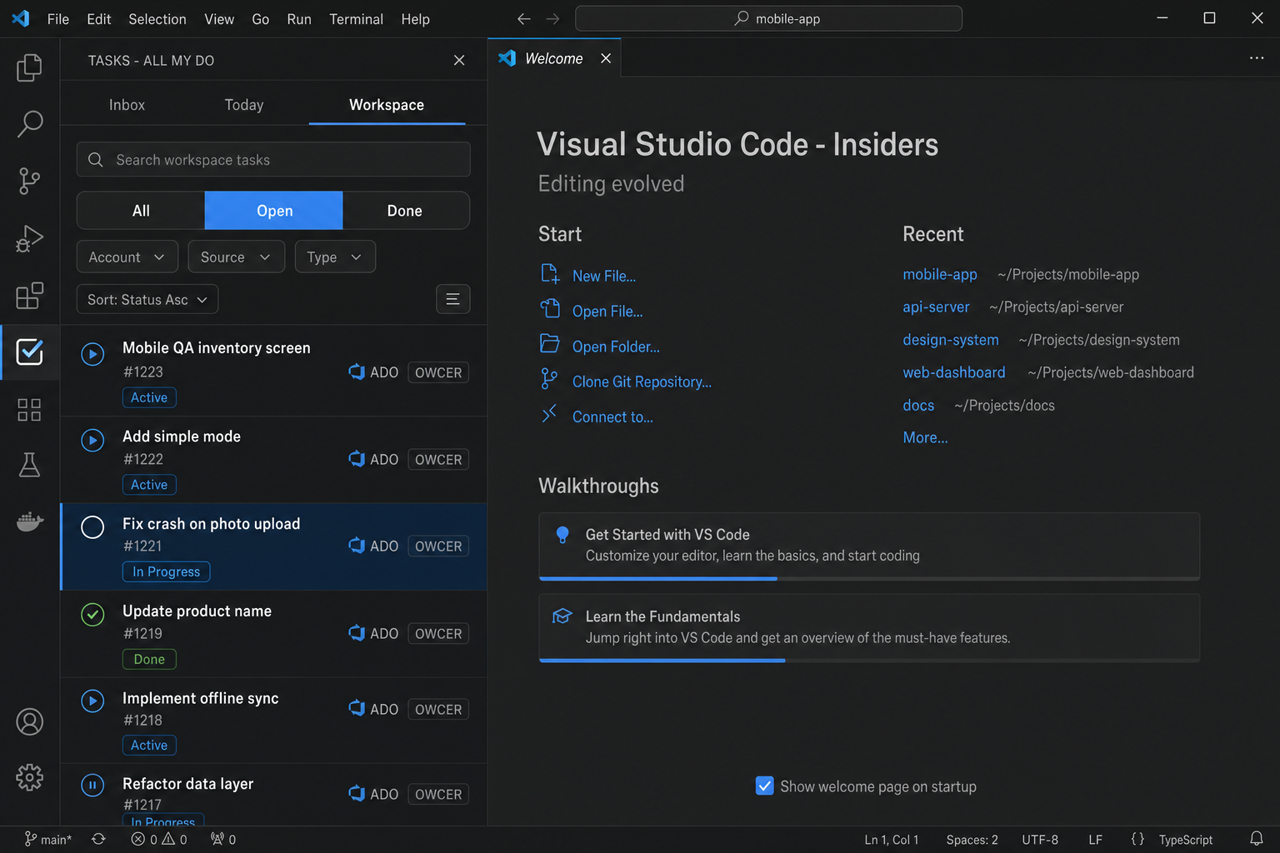 Unified Inbox / Today / Workspace with All · Open · Done