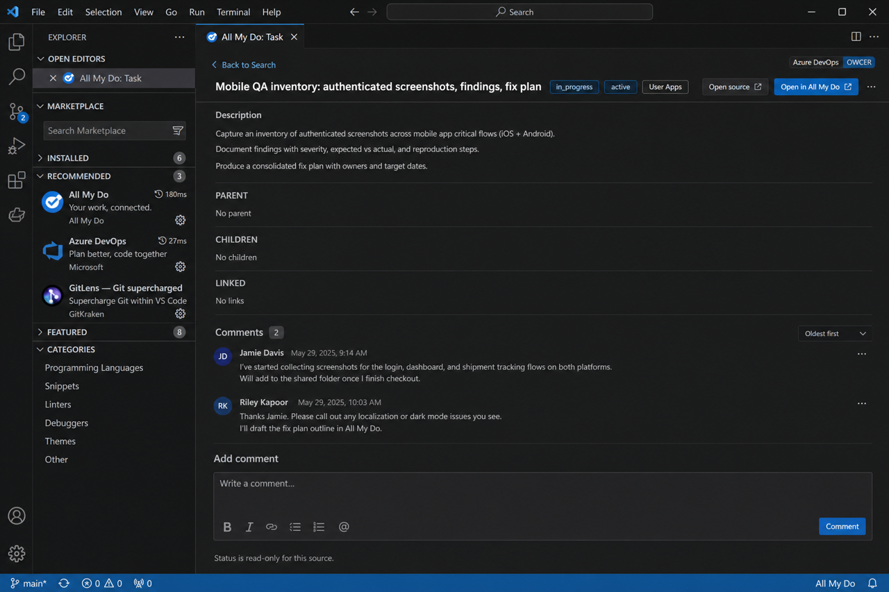 Task detail in the editor — status, links, comments