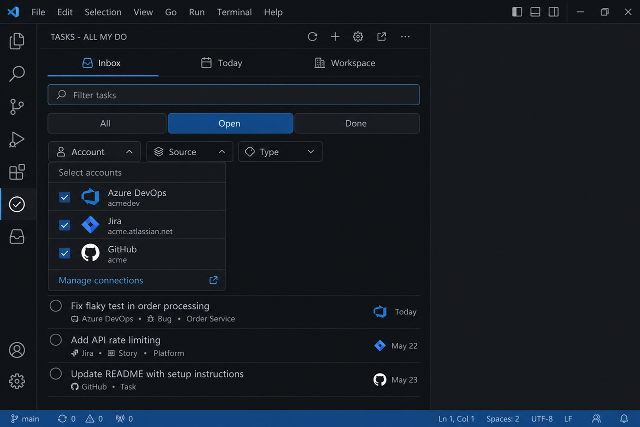 Account · Source · Type facets and status filter